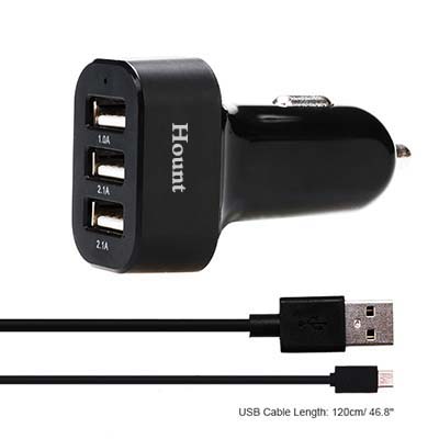Hount Mini 3-Port 5.1A Car Charger with 1.2M Charger Cable For iPhone6 5s 5 5c iPad