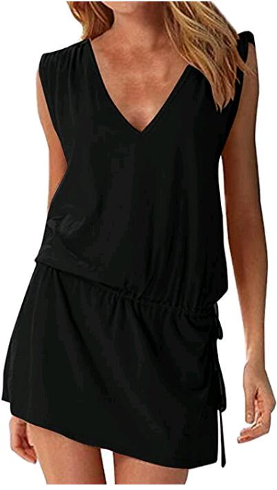 Hount Women's Beach Swimsuit Cover up Deep V-Neck Short Mini Dress Beach Skirt 