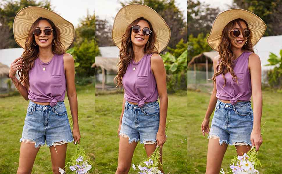 Hount Women's High Neck Tank Tops Summer Sleeveless T Shirts Loose Fit with Pockets